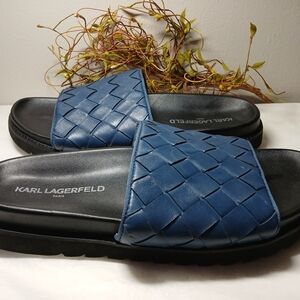 Karl Lagerfeld Navy Blue / Black Woven Slide Sandals Leather Mens Sz 12M EUC